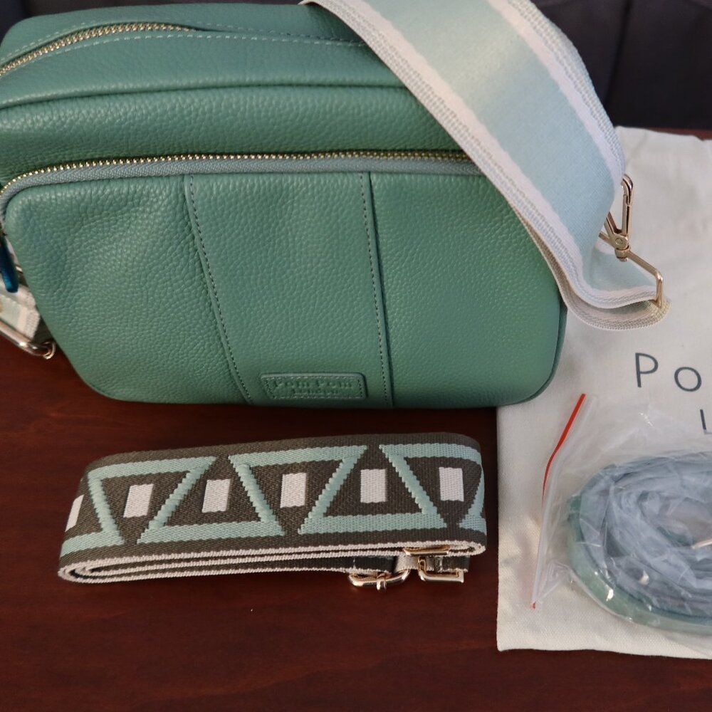 Pom Pom London Green leather bag with 3 Straps NWT PomPom key chain